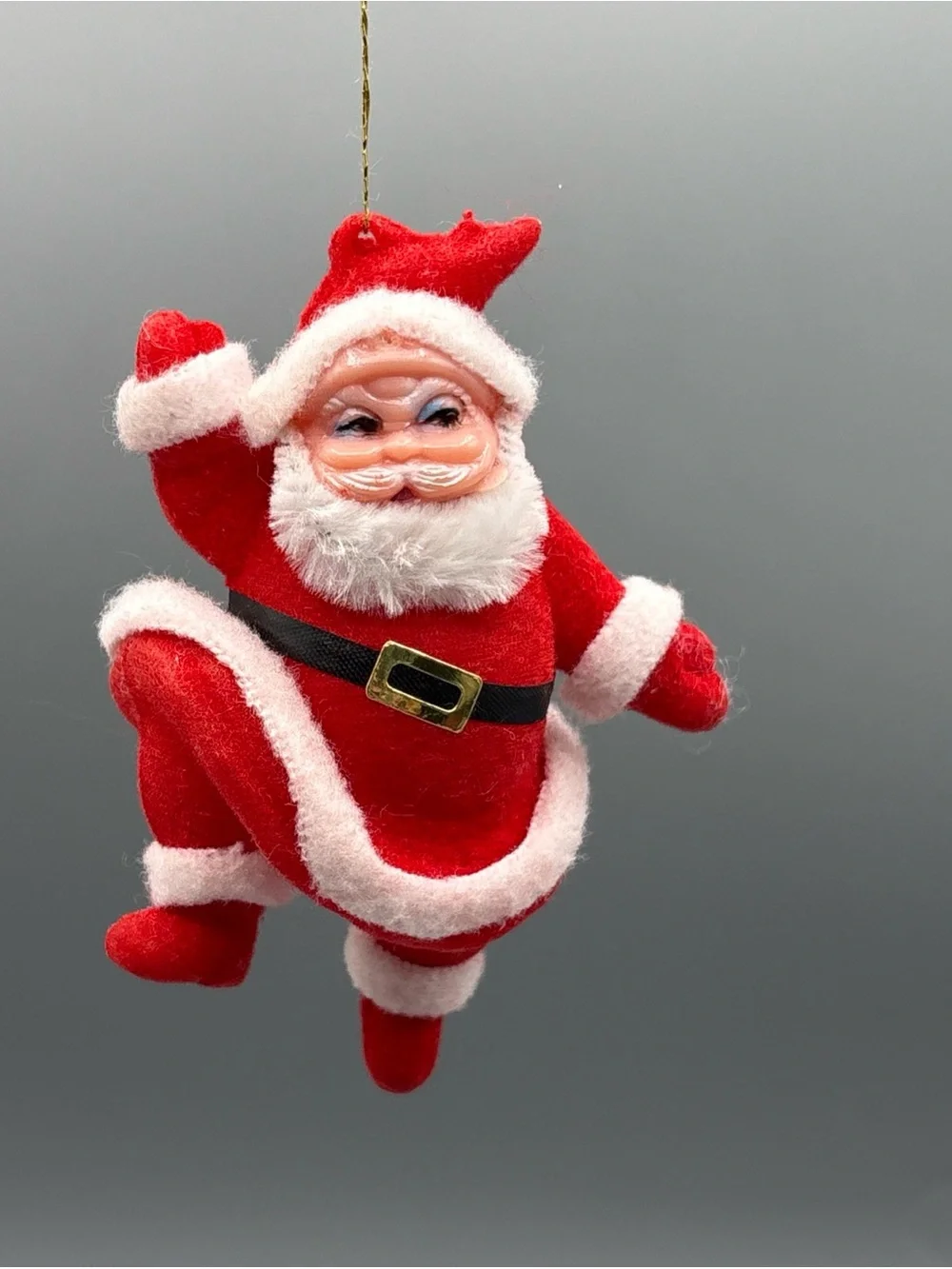 Vintage Santa Claus Flocked Ornament Red Mid Century Dancing Merry 4 Inch Figure
